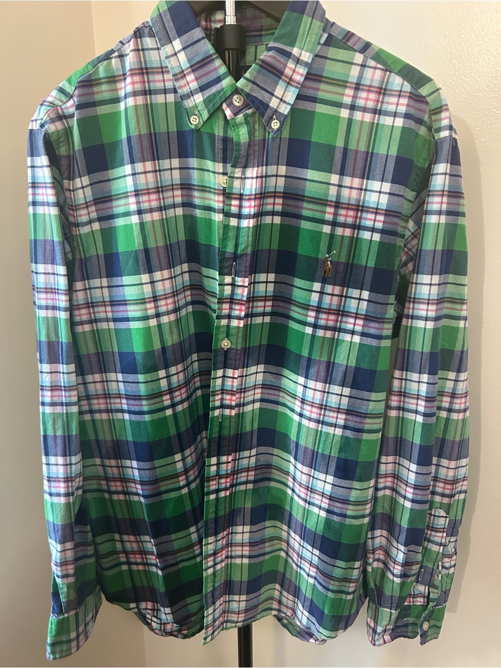 Ralph Lauren Green and Blue Plaid Button-Down Shirt with Pony Logo
